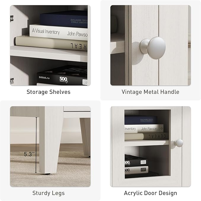 Bonzy Home Modern Night Stands Set of 2, End Table with Acrylic Door, Wooden Side Table with Storage, Bedside Tables for Bedroom, Living Room, Small Spaces, White