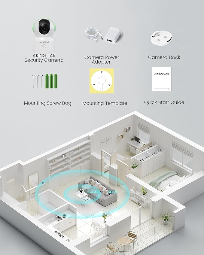 2K 3MP Indoor Security Camera, 5GHz/2.4GHz WiFi Camera, Security Camera for Home, 360°Pan Security Cameras with Motion Detection & One-Touch Call, Night Vision, Compatible with Alexa, Green