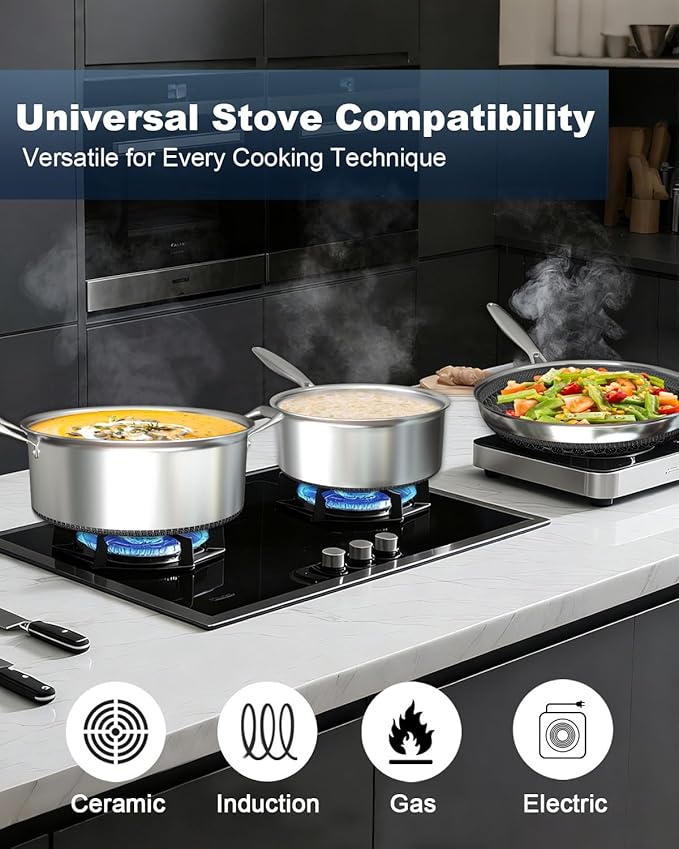 FogDream 5pcs Stainless Steel Cookware, Tri Ply Pots And Pans Set, Non Stick Frying Pans, Soup Pot & Sauce Pan With Tempered Glass Lids, Cool Handles, Dishwasher Safe, Induction Compatible, Silver