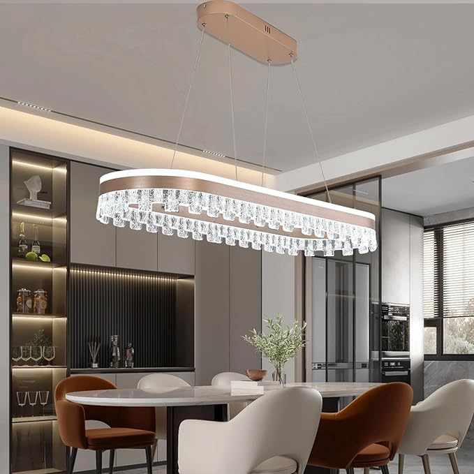 Modern Chandelier for Dining Room,Gold Led Crystal Chandelier Light Fixture Dimmable Pendant Light for Kitchen Island Lighting 3000K-6500K with Remote