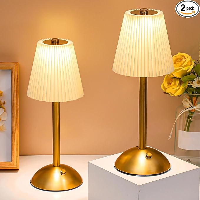 Liliful 2 Pcs Cordless Table Lamp Rechargeable Touch LED Small Gold Portable Battery Operated USB-c Desk Lamp 3 Color Dimmable for Bedroom Living Room Dining (Gold,Beige Cloth Style)