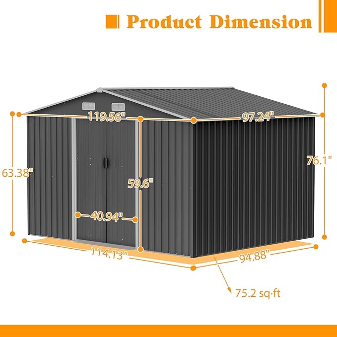 10x8 FT Outdoor Storage Shed with Floor Frame, Metal Sheds Included Double Air Vents & Lockable Sliding Door Foundation Steel Garden Tool Shed with Waterproof Roof Ideal for Backyard Patio Dark Gray