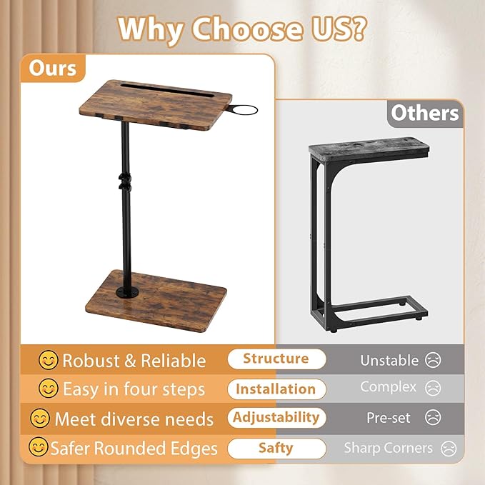 TV Tray Table, Adjustable C Shaped End Table for Couch, 360°Swivel Couch Side Tables That Slide Under Couch Desk Tray Tables for Small Space Sofa Bed Living Room Bedroom Bedroom(Rustic)