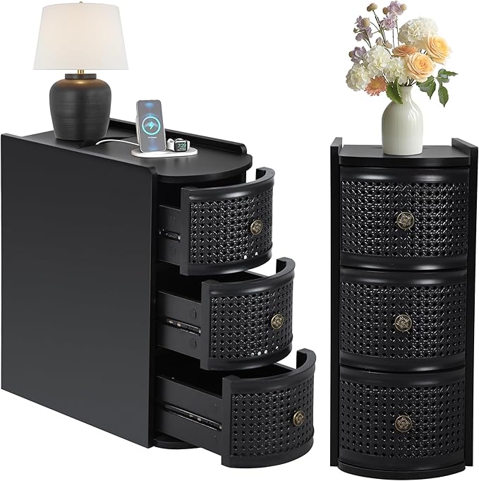 Metal Rattan Narrow End Table with Charging Station Set of 2, Black Side Table with Drawers Storage, Small Night Stand with Power Outlets and USB Ports, Sofa Side Table for Living Room - Black