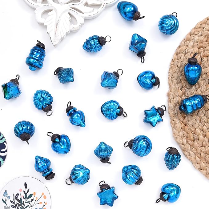 IndianShelf 25 Pieces Turquoise Glass Vintage Christmas Ornaments Mini Bulk Decorative Ornaments for Halloween, Christmas Tree, New Year, Valentine Day, Holidays, Event and Wedding (25 * 1 Boxes)