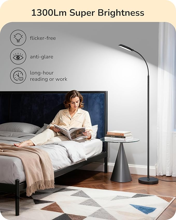 EDISHINE LED Floor Lamp, 1300LM Super Bright Reading Floor Lamps for Living Room, Dimmable 4 Color Temperature Standing Lamp, Remote & Touch Control, Adjustable Gooseneck Lamp for Bedroom Office Black