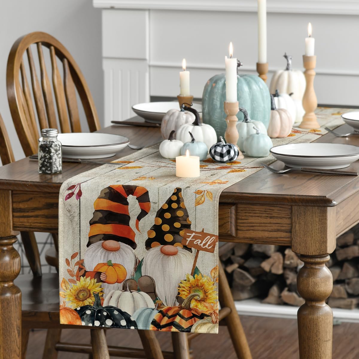 Artoid Mode Wood Gnomes Pumpkins Sunflower Maple Leaves Fall Table Runner, Kitchen Dining Table Decoration for Home Party Decor 13 x 60 Inch