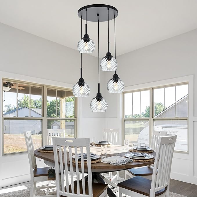 5 Light Cluster Pendant Light with Striped Swirl Globe Glass Black Pendant Lighting for Kitchen Island, Modern Dining Room Light Fixtures Over Table Hanging Ceiling Light, E26 Base