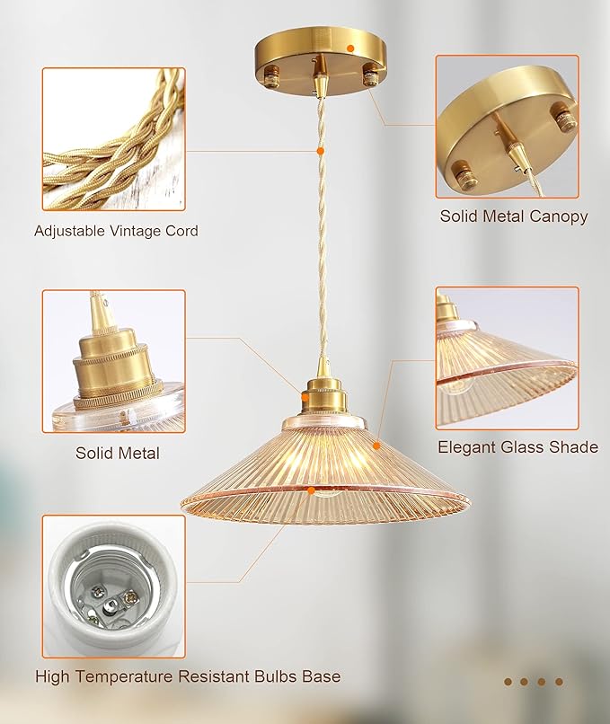 Pendant Light Fixture for Kitchen Island, Modern Hanging Lamp for Dinning Room, Adjustable Hanging Lights with Glass Shade for Bedroom Hallway Bar(glod,3 Pack)…