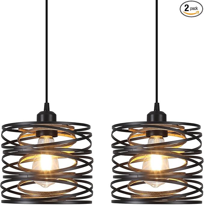 Pendant Lights Kitchen Island - Metal Hanging Light Fixtures Wood Farmhouse Pendant Lighting for Dining Room Bedroom Bar Office, Industrial Black, 2 Pack - ETL Certified