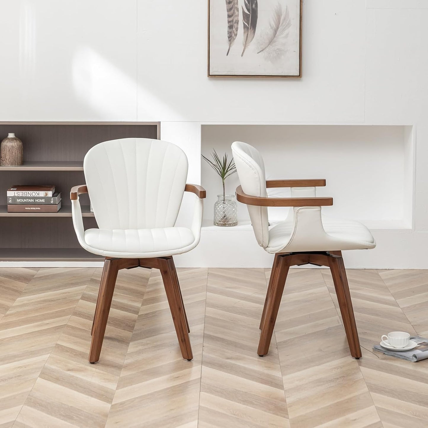 LUNLING Swivel Dining Chairs Set of 4, Mid Century Modern White Faux Leather Kitchen Chairs with Arms,Bamboo Legs Side Chairs No Wheels,Accent Chair for Dining Rooms and Offices