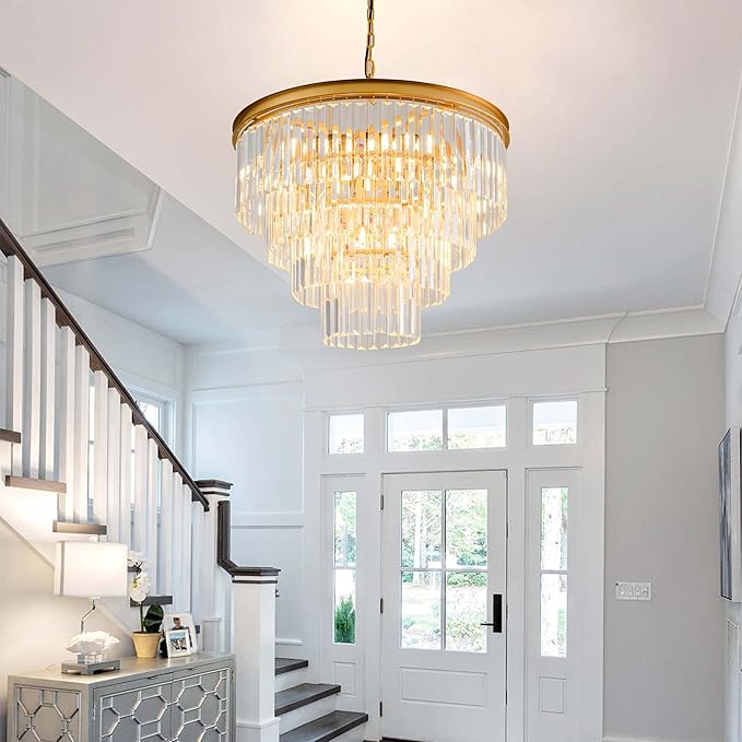 Gold Crystal Chandelier 10-Lights 22.9" Crystal Pendant Lights 4-Tier Luxury K9 Ceiling Hanging Dining Room Light Fixture for Hallway Living Room Bedroom Kitchen Island Entryway Stairway Office