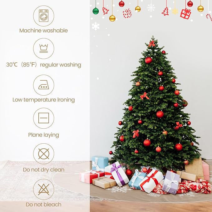 84 Inch Large Christmas Tree Skirt, Burlap Tree Skirt White Snowflake Xmas Mat for Christmas Home Farmhouse Holiday Indoor Outdoor Decoration