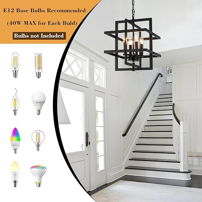 Modern Black Chandelier Rectangle Industrial Chandeliers Dining Room Hanging Pendant Light Fixtures for Kitchen Island Living Room Bedroom Foyer Height Adjustable