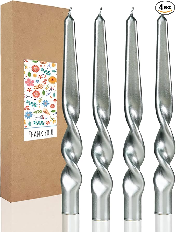 Spiral Taper Candles Twisted Candle Conical Stick Candles for Holiday Wedding Party Wax Unscented Dinner Candle Dripless,Christmas Gift H 10 Inch, 4pcs（Silver-A）