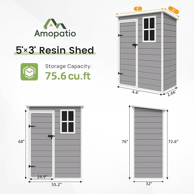 Amopatio Outdoor Storage Shed with Floor,5x3 FT Lockable Plastic Tool Shed with Ventilation,Waterproof Resin Garden Sheds for Backyard,Patio,Lawn and Bike Grey