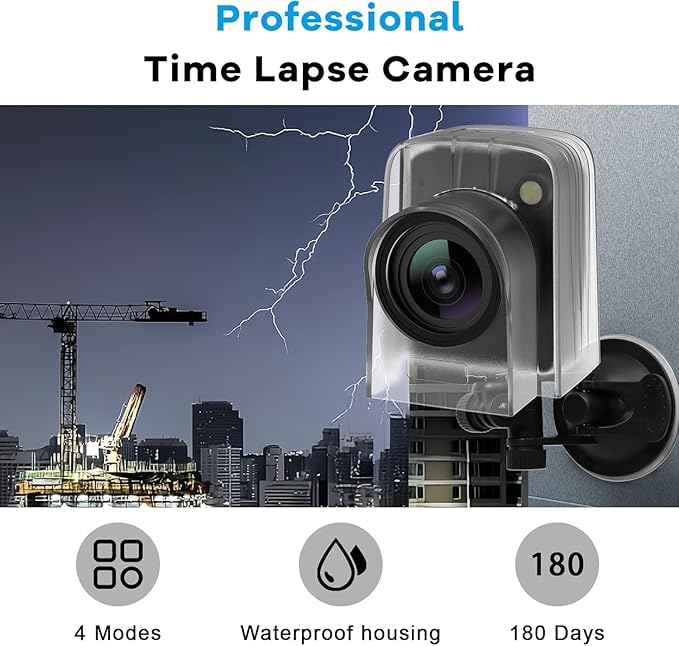 Time Lapse Camera, 4K FHD Timelapse Camera for Outdoor, Equipped with IP66 Waterproof, 64GB TF Card, 180 Days Standby for Recording Construction, Plant Growth, Weather Change