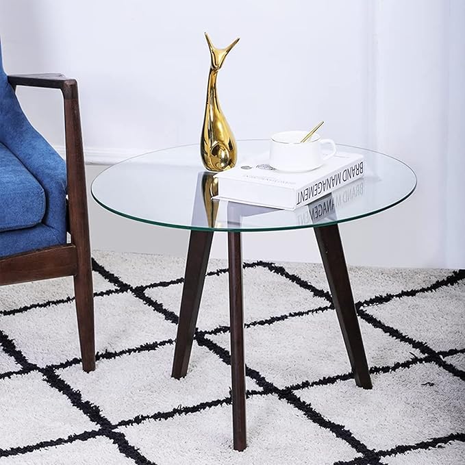 Triskele End Table, Walnut Minimalist Round Coffee Table, Mid Century Side Table with Tempered Glass Top Walnut Wood Legs (Medium)