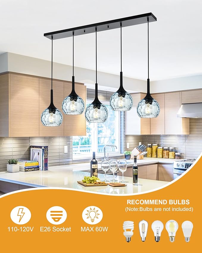 VINLUZ Farmhouse Chandelier 5-Light Classic Pendant Light with Blue Round Ribbed Glass Shade, Black Finish Linear Hanging Lighting Dining Room Light Fixture