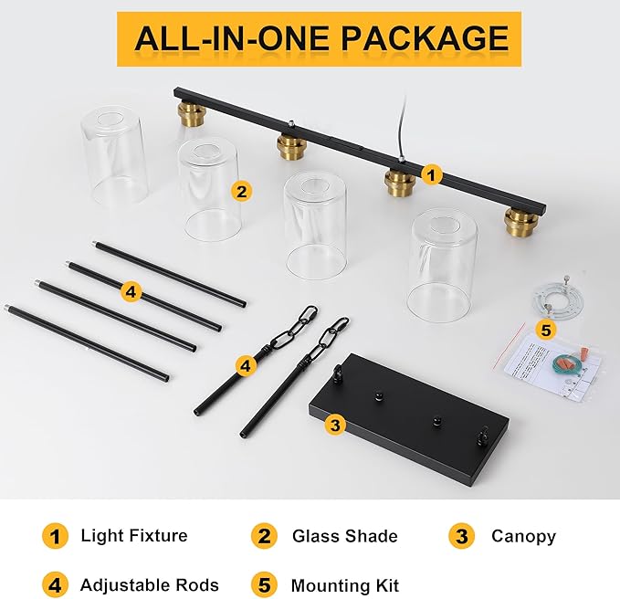 Island Light for Kitchen, Black and Gold Dining Room Light Fixture Over Table, 4-Light Linear Chandelier Pendant Lighting for Dining Table Kitchen Island Living Room