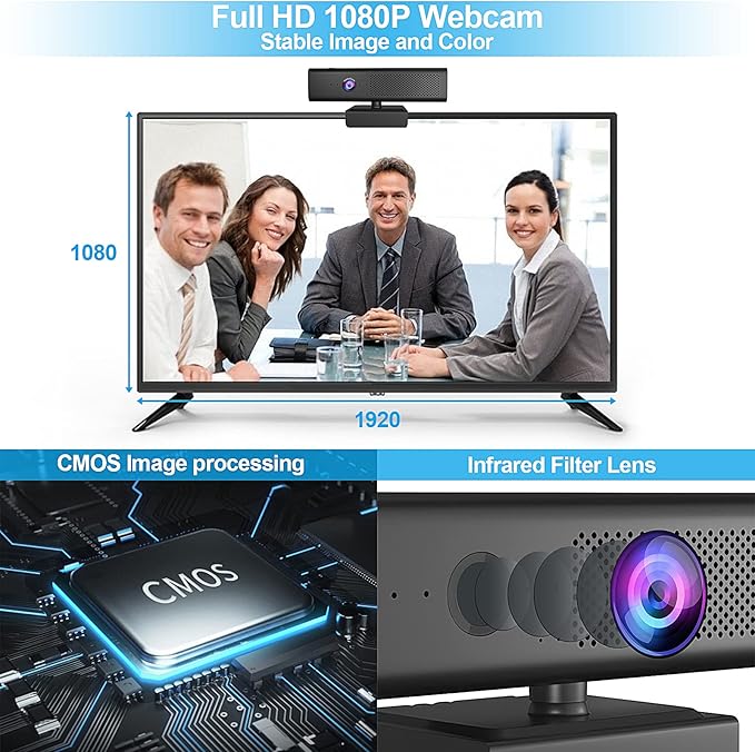 ROTOPATA Webcam with Speakers and Mic, Full HD 1080P/30FPS Computer Camera for Streaming Video Conference , 4 Noise-Cancelling Mics, Privacy Cover, 90°FOV, USB-A, Webcam for PC Desktop Monitor Laptop