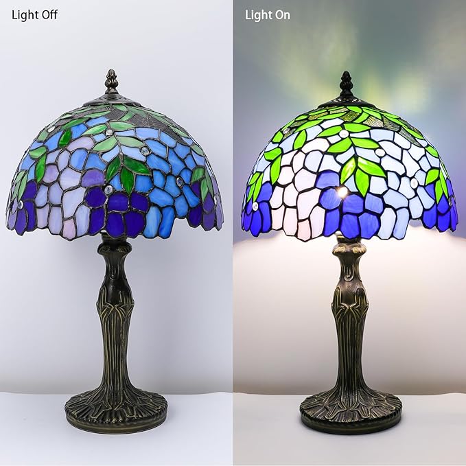 Stained Glass Table Lamp, Blue Green Leaves Style Lampshade & Plant Texture Curve Antique Base Desk Reading Light 12X12X19 Inches Decor for Bedroom Living Room Office