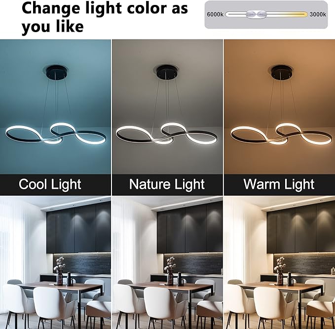 Modern LED Chandelier Dining Room Pendant Light Dimmable Creative Chandelier Dimmer Color 3000-6000K Adjustable Hanging Lamp for Bedroom Living Room Kitchen 50W (Black)