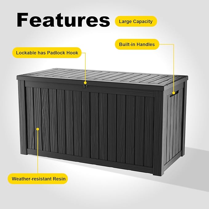 180 Gallon Outdoor Storage Box, Large Resin Deck Box for Patio Furniture Cushion Garden Tools, Waterproof and Lockable Design(Black)