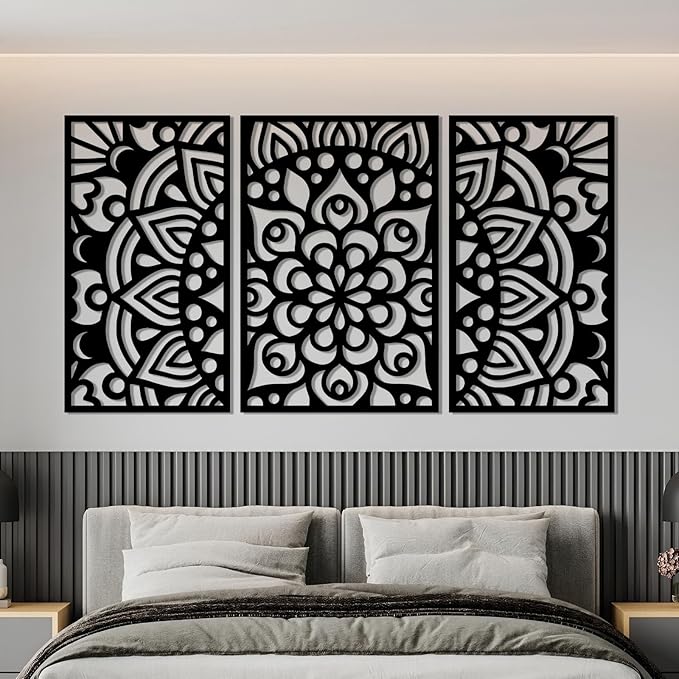 Mandala Metal Wall Art, Lotus Flower Metal Wall Decor, Bohemian Headboard Wall Decor, Scroll Wall Art, Mandala Wall Hanging for Living Room, Bedroom, Yoga Room (Black, 53"x30"/135x75cm)