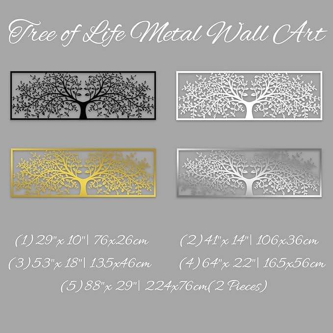 Tree of Life Metal Wall Decor, Tree of Life Metal Wall Art, Large Metal Tree Wall Decor, Metal Tree Wall Art, Metal Tree Decoration, Tree Silhouette, Living Room Bedroom Decor (Black, 64"x 22"| 165x56cm)