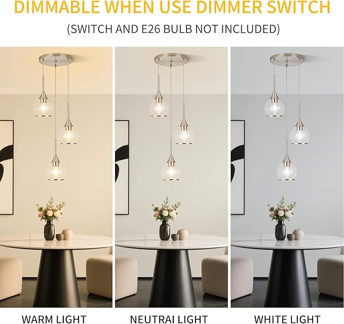 3-Light Island Light for Kitchen, Brushed Nickel Kitchen Island Hanging Pendant Light, Brushed Nickel Dining Room Light Fixture Over Table with Clear Round Glass Shade