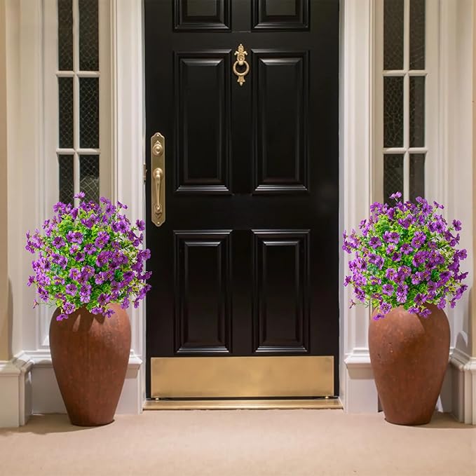 2Pcs 23.6" Artificial Boxwood Topiary Ball with Flowers Plants with Ground Spikes for Outdoor UV Resistant Realistic Fake Bushes Plants for Garden Yard Front Porch Patio Decor (Violet Purple)