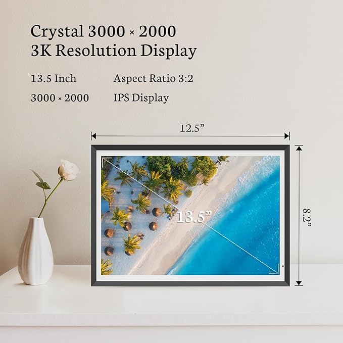 BSIMB 13.5 Inch Digital Picture Frame, 3K Resolution Ultimate Clarity Touch Screen Large WiFi Electronic Photo Frame Display 32GB, Share Pictures/Videos via App/USB/SD Easy Setup Gifts for Mom, Black