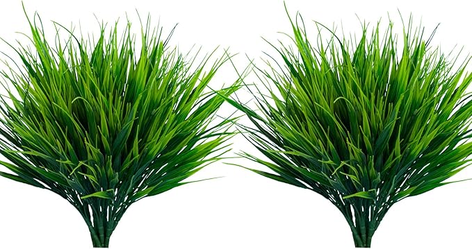 Lnoicy 10pcs Artificial Outdoor Plants, Fake Wheat Grass Greenery Shrubs UV Resistant Faux Plastic Plants Garden Porch Window Box Décor (Grass)