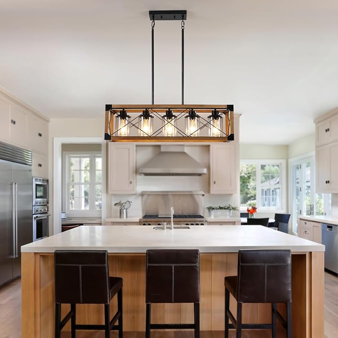 Rustic Hanging Lights Fixture Farmhouse Chandeliers for Dining Room Kitchen Island Light Fixtures 5-Light Wood Chandelier Over Dining Table with Clear Glass Shade-Oak