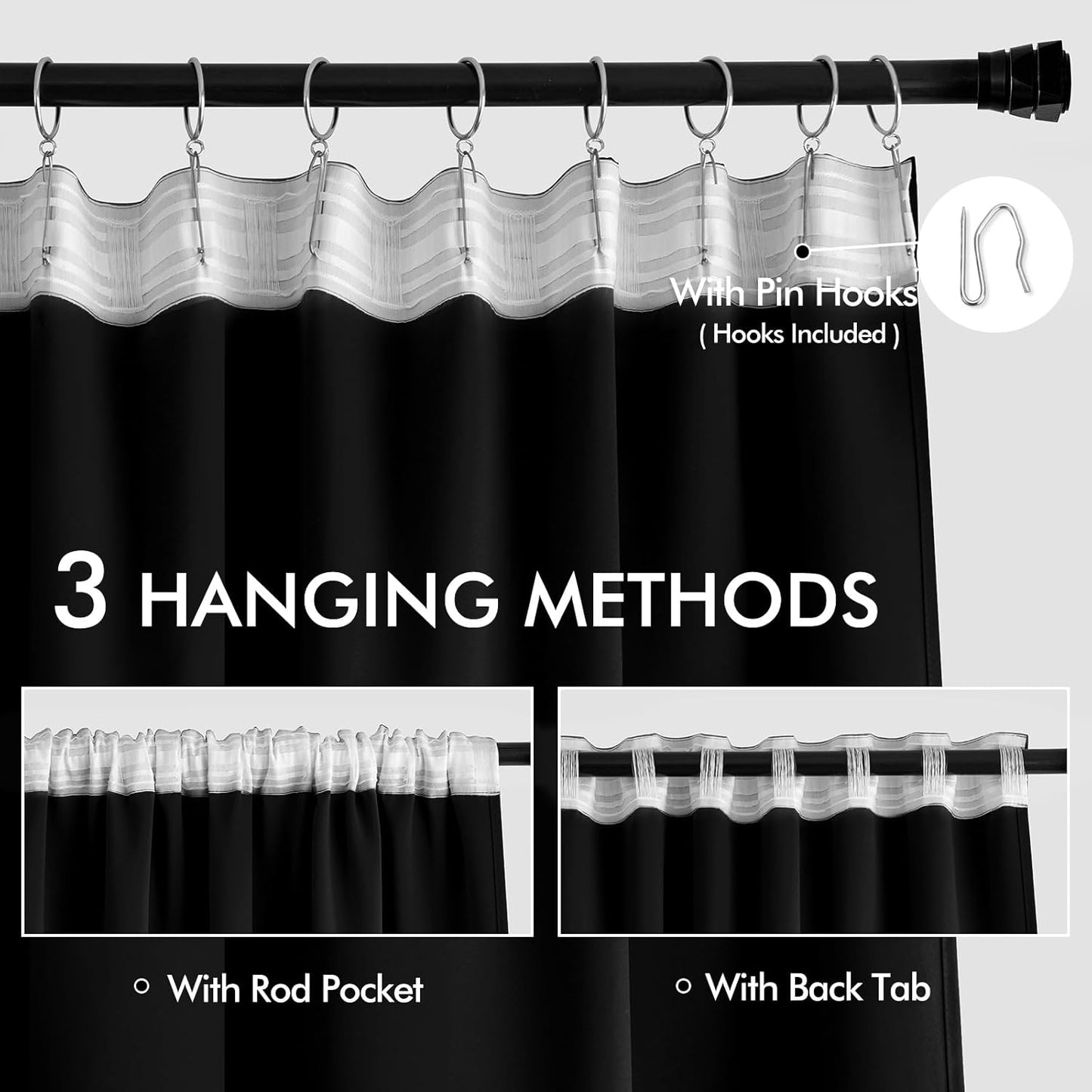 MIULEE Back Tab Blackout Curtains 108 Inch Long 2 Panels Set for Living Room Bedroom, Halloween Black Rod Pocket/Pinch Pleated Extra Long Thermal Insulated Room Darkening Light Blocking Curtain/Drapes