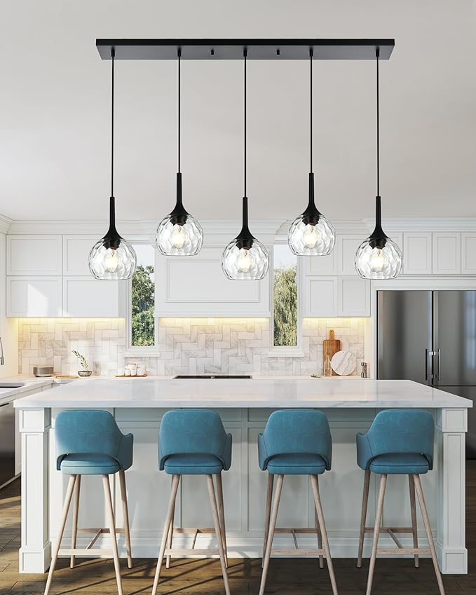 VINLUZ 5-Light Hanging Pendant Kitchen Island Light in Classic Black Finish with Ribbed Glass Shades, Modern Chandelier for Dining Room & Hallway