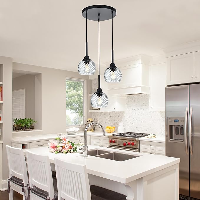 3 Light Black Cluster Pendant Light with Striped Swirl Globe Glass Pendant Lighting for Kitchen Island, Modern Dining Room Light Fixtures Over Table Hanging Ceiling Light, E26 Base