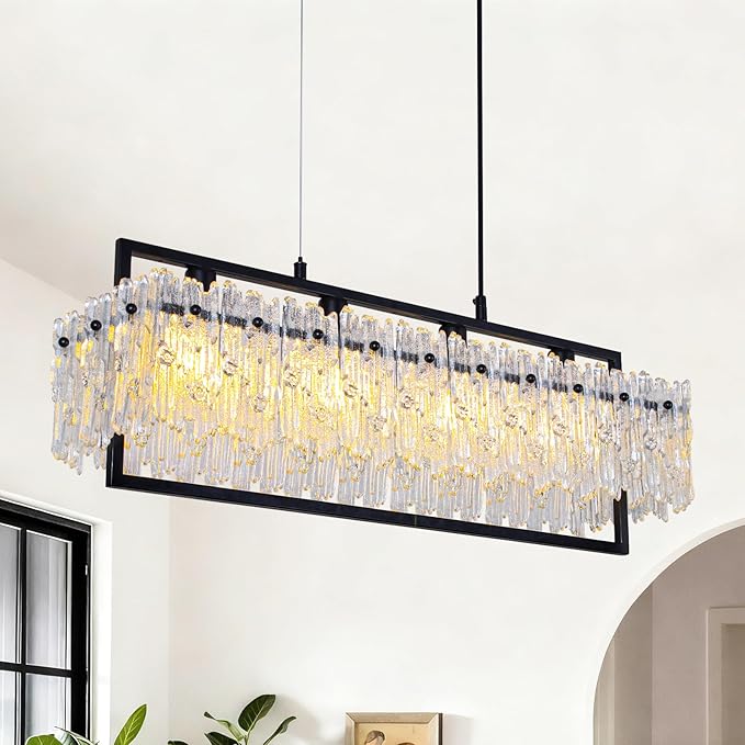 MantoLite Dining Room Light Fixture Modern Rectangle Golde Crystal 4-Light Chandeliers for Dining Room 25" Linear Farmhouse Lighting Fixture for Kitchen Island Light Living Room
