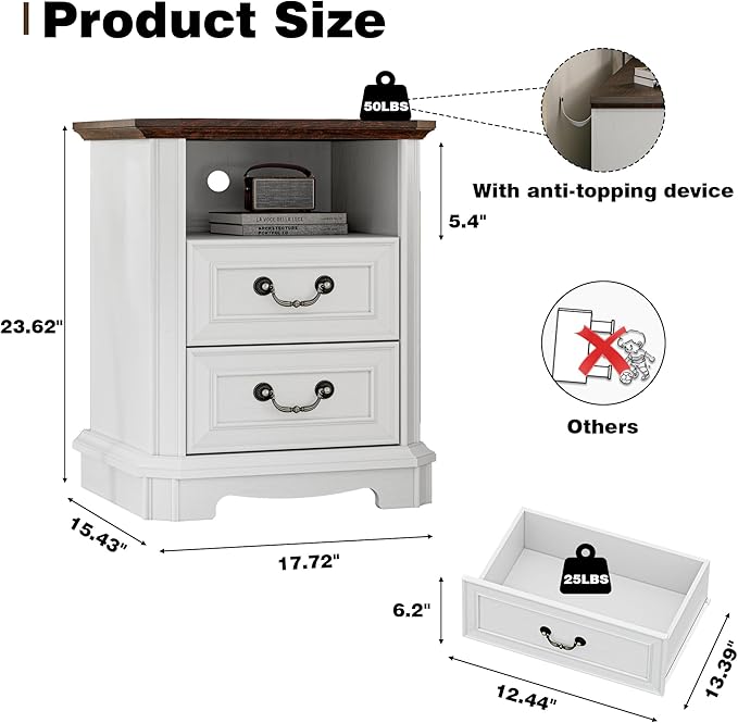 Farmhouse Nightstand with Charging Station, 18" Side Table with 2 Storage Drawers, Rustic Wood Night Stand with Metal Handle, Wooden Bedside End Table Small Dresser for Bedroom, Living Room, White