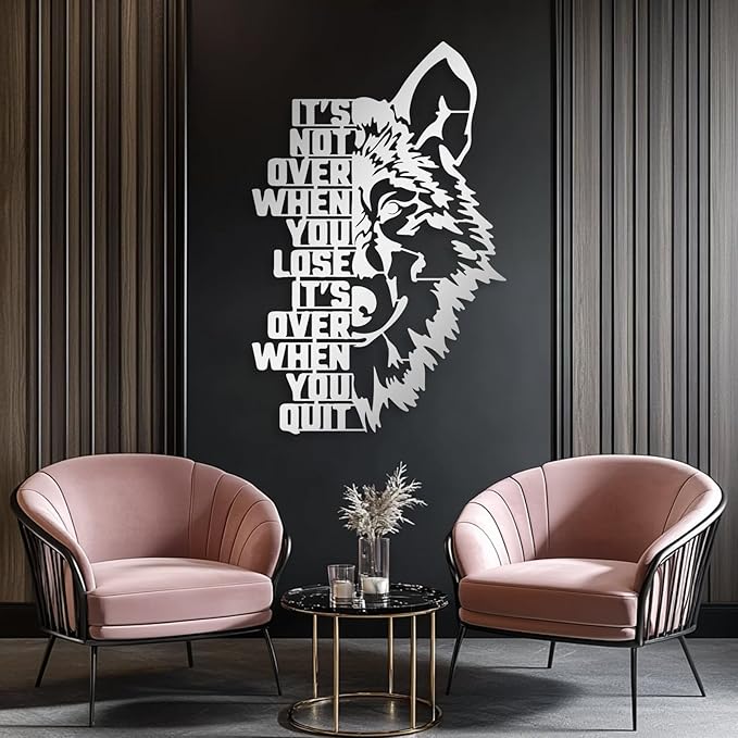 Motivational Wolf Metal Wall Art, Metal Wolf Wall Decor, Metal Inspirational Wall Art, Wolf Sculpture, Positive Quotes Wall Decor, Success Wall Art, Wall Decor Living Room Office (White, 59"x38" | 150x97cm)