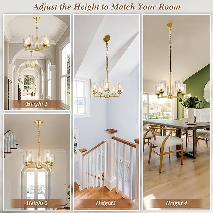 5-Light Chandelier for Dining Room Kitchen Island Modern Farmhouse Pendant Lighting with Clear Glass Shades Industrial Gold Hanging Ceiling Light Fixture for Foyer Living Room, Height Adjustable