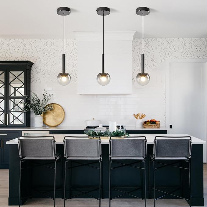 Globe Pendant Lighs for Kitchen Island,Modern LED Black Hanging Light Fixture with Gradient Smoke Glass Globe Glass Adjustable Ceiling Lights for Restaurant bar Sink Bathroom Entryway (3-Pack)