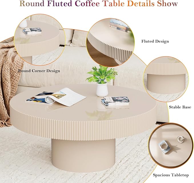Handcrafted Round Drum Coffee Table Modern Luxury Spacious Fluted Center Table for Small Space - Home Office Apartment (White Thin)