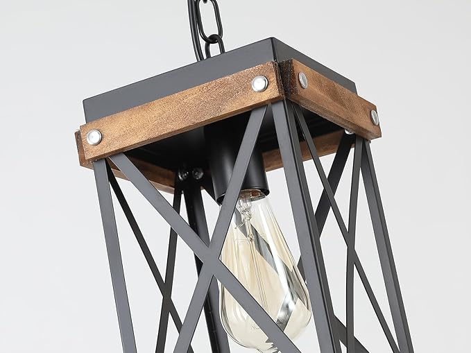 Rustic Farmhouse Wood Pendant Light Fixture One-Light Adjustable Chain Oak Wood and Metal Lantern Cage Small Pendant Lighting for Kitchen Island Sink Hallway Farmhouse Bathroom Bar, Black