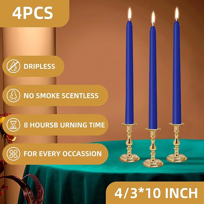 4 Pack Blue Taper Candles - Taper Candles 10 Inch Dripless, Smokeless & Unscented - 8 Hours Long Burning - Ideal for Weddings, Dinner Parties, and Home Decor