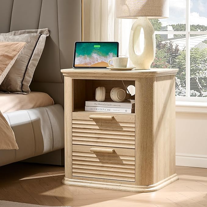 Okvnbjk 22" Fluted Nightstand Set of 2 with Charging Station, Modern End Table with 2 Drawers & Open Storage, Stylish Bedside Table for Living Room, Bedroom, Side Tables Curved Profile Design, Oak