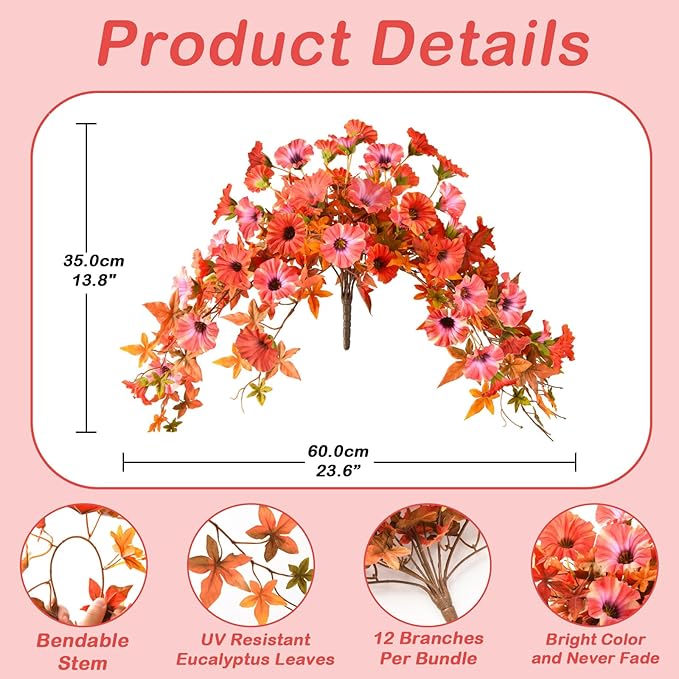 Artificial Fall Hanging Flowers for Outdoors Decoration, 2Pcs Fake Petunias Silk Plants UV Resistant No Fade, Realistic Faux Flower Look Real for Outdoor Planters Garden Porch Patio (Fall Orange)
