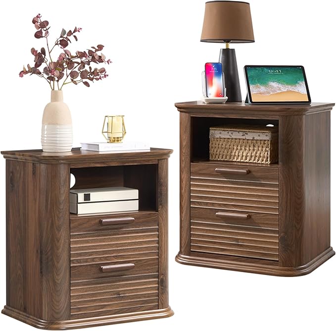 Okvnbjk 22" Fluted Nightstand Set of 2 with Charging Station, Modern End Table with 2 Drawers & Open Storage, Bedside Table for Living Room, Bedroom, Side Tables Curved Profile Design, Dark Walnut