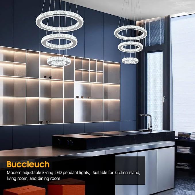 Buccleuch 3-Ring Crystal Chandelier, ETL-Listed Dimmable LED Pendant Light, Slope Ceiling Compatible Stainless Steel K9 Crystal Ceiling Light for Dining Room Bedroom Living Room, 6500K